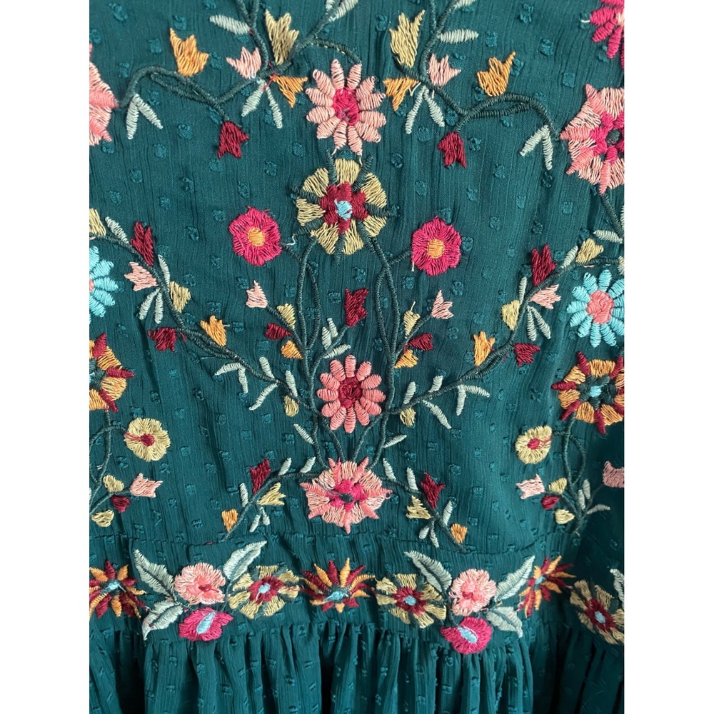 Zara Trafaluc Green Embroidered Floral Swiss Dot Boho Mini Dress Womens Medium - Picture 2 of 5